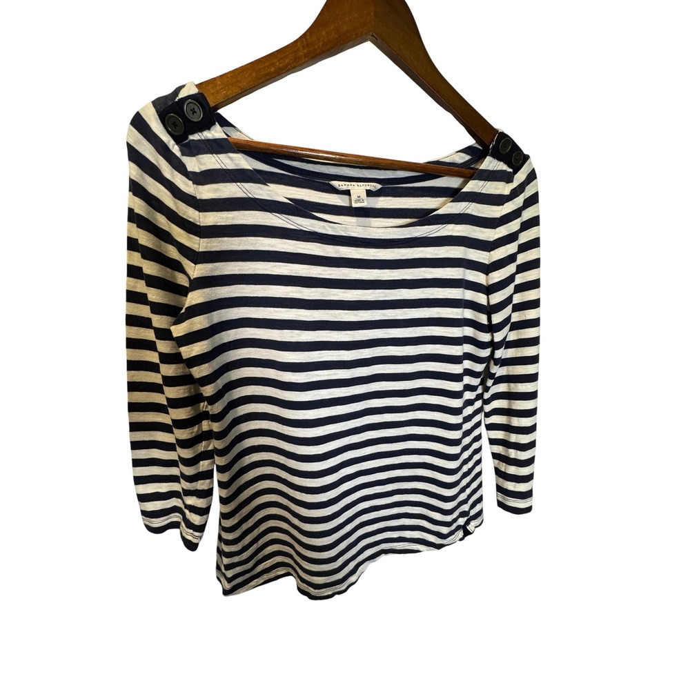 Banana Republic Womens Navy White Striped Button Shoulder Cotton Top Medium